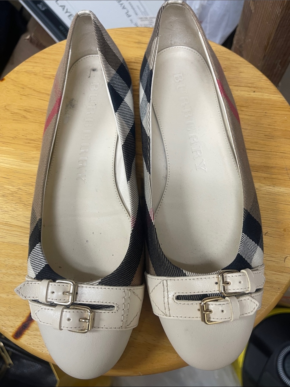 Burberry Tan & Beige Check Leather-Trim Ballet Flats 39